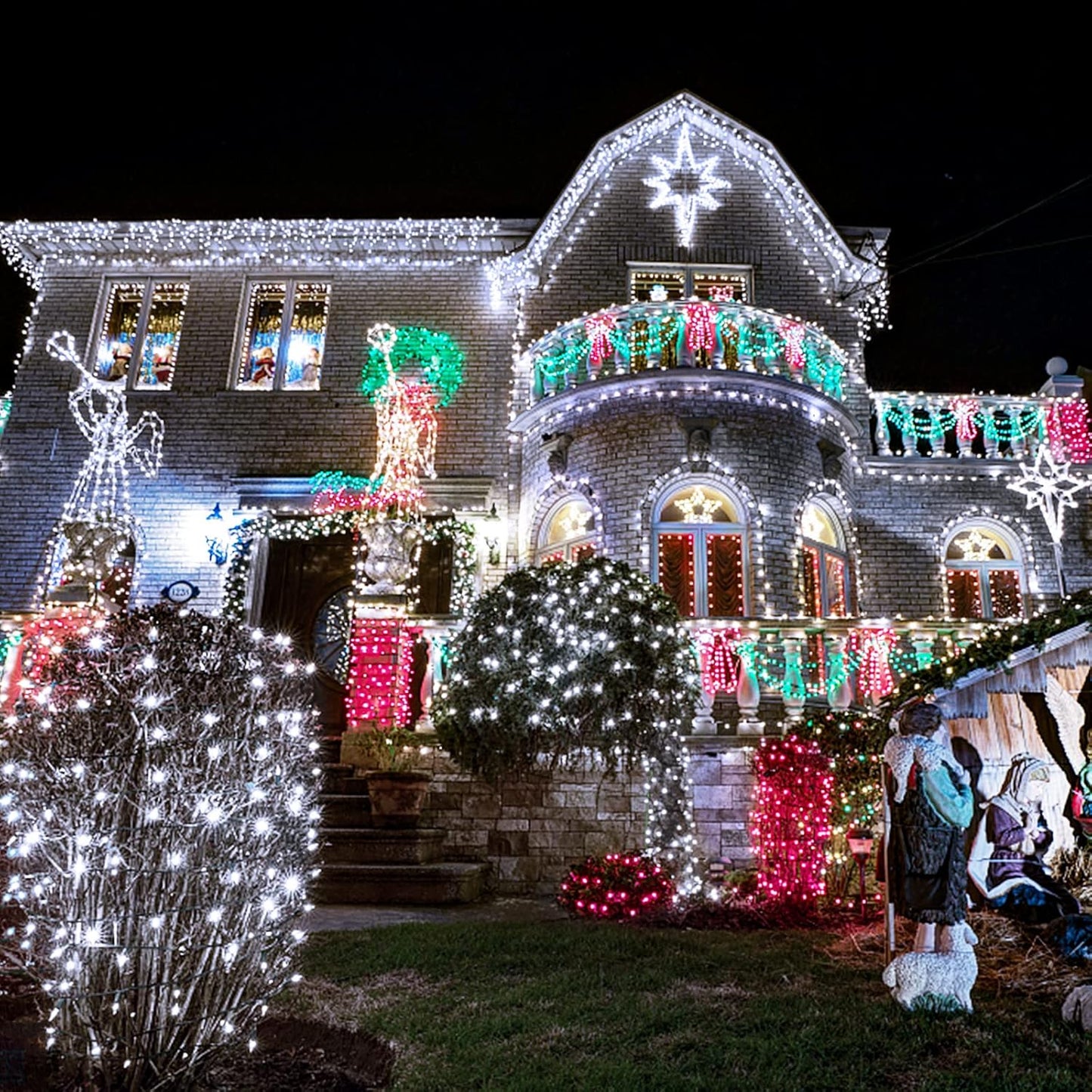 JMEXSUSS 200 LED White Christmas Lights Outdoor, 66ft Christmas Tree Lights Green Wire, 8 Modes Waterproof Twinkle String Lights Plug in for Xmas Wedding Party Indoor Decoration