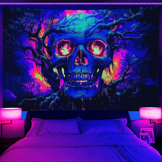 Xiaoput Blacklight Fire Skull Tapestry for Bedroom, Trippy UV Reactive Burning Skeleton Forest Wall Hanging Tapestries, Scary Dark Horror Glow in the Dark Tapestries for Living Room Home Dorm 80X60IN