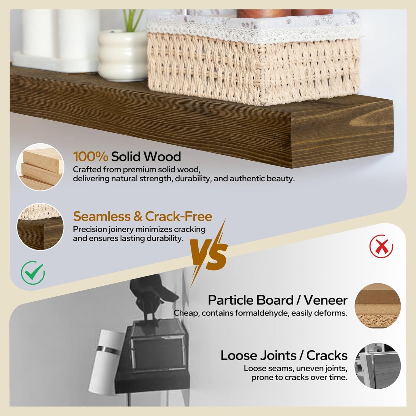 Floating Shelves 3 inch Thick for Wall Set of 2,Solid Pine Wood Wall Mount Shelf for Kitchen Living Room Bedroom Bathroom,8" D x 60" L x 3" H-Black Walnut