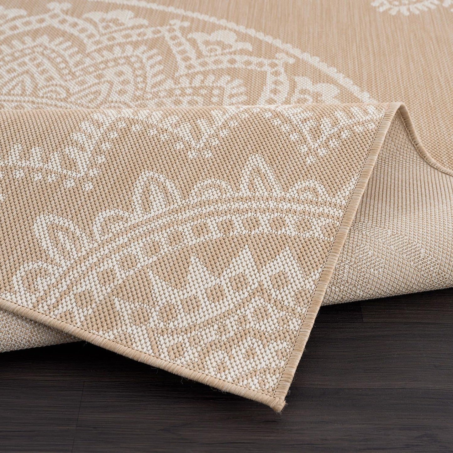 CAMILSON Outdoor Rug 9x12 Modern Area Rugs for Large Indoor and Outdoor Patios and Porches - Waterproof Washable Non-Shedding Easy-to-Clean Outside Carpet (9 x 12, Medallion - Beige/White)