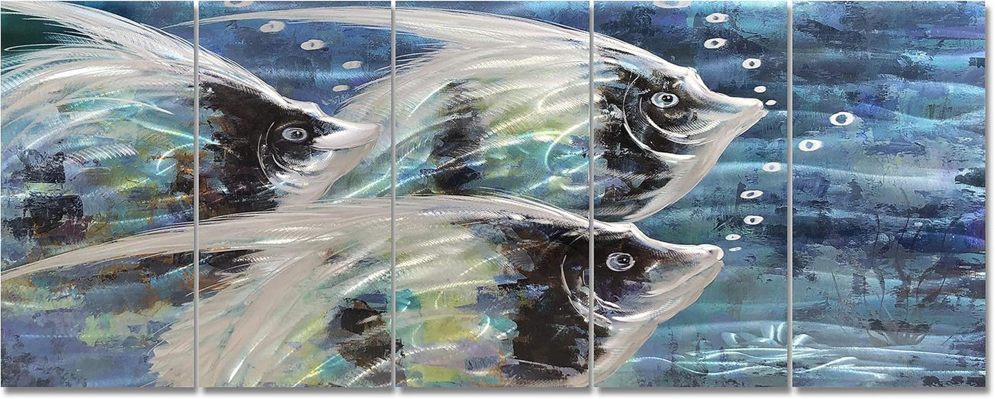 Yihui Arts Abstract Fish Metal Wall Art 3D Coastal Pictures On Aluminum For Bedroom Decoration