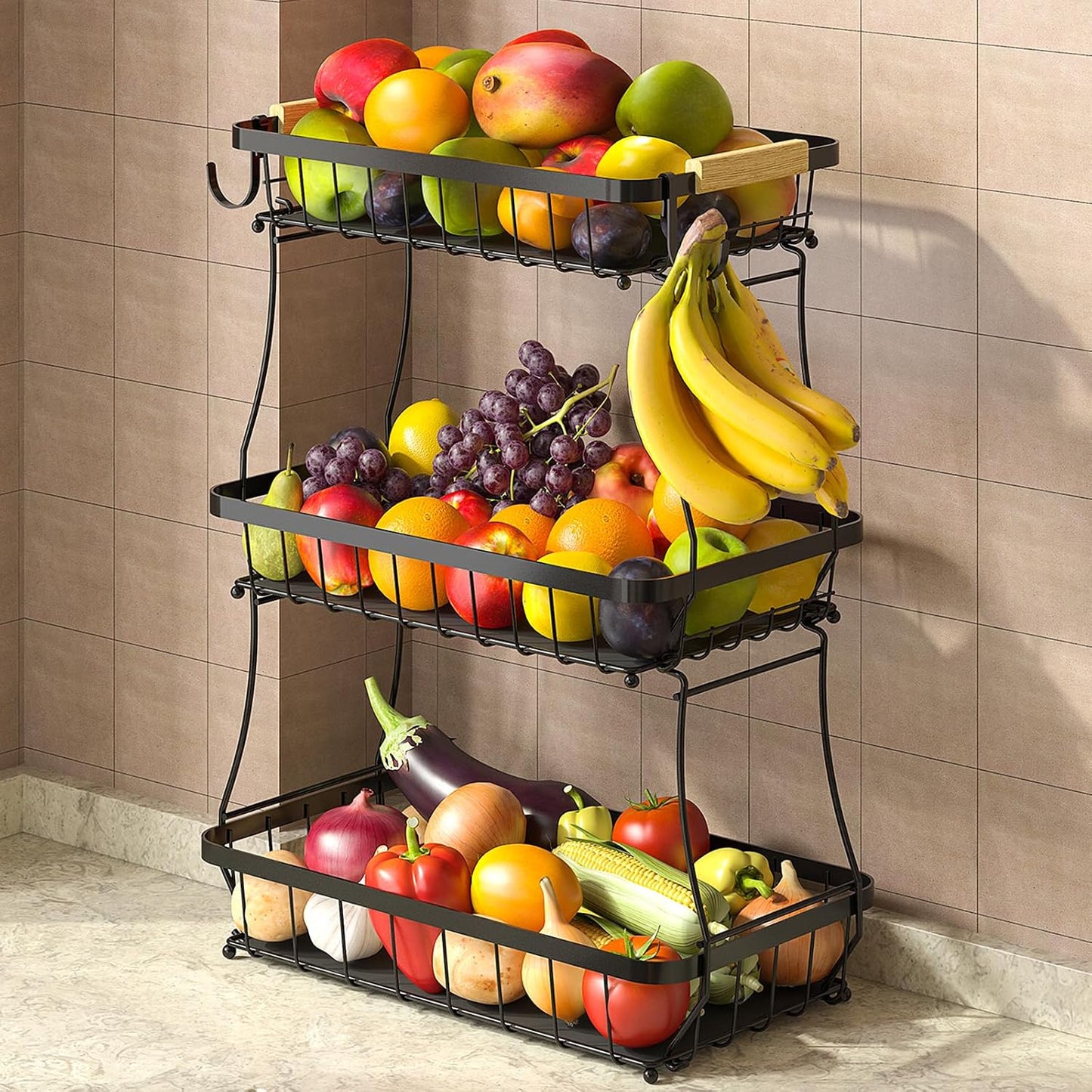 3 Tier Fruit Basket for Kitchen Counter with 2 Mobile Banana Hangers, 2025 Pro Detachable Metal Fruit Bowl with Wooden Handle, Fruit Holder for Bread Snack Veggies with Protective Mats