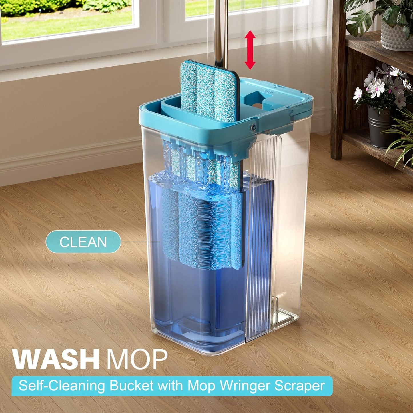 JOYMOOP Mop and Bucket Set with Wringer, Mops for Floor Cleaning, Wall Mop Cleaner with Long Handle, with 4 Reusable Microfiber Mop Pads - Grey+Cyan Blue