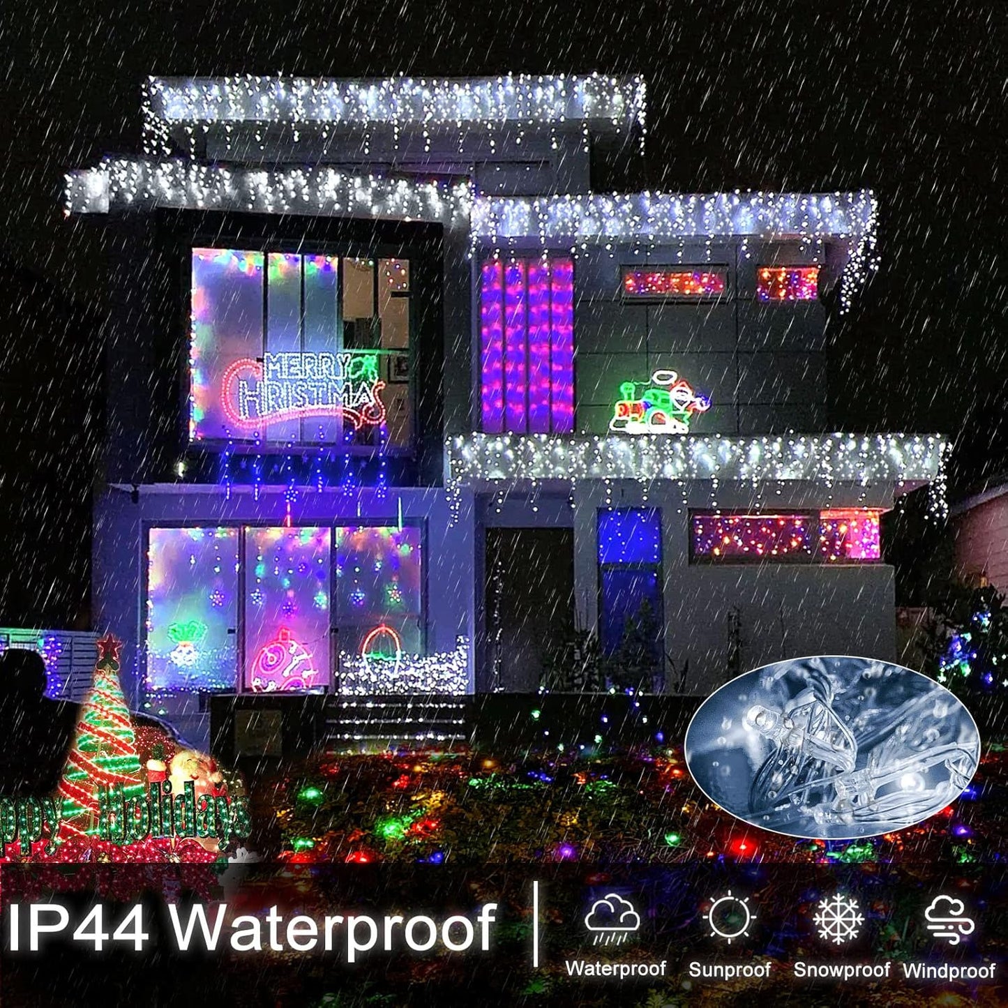 Icicle Christmas Lights Outdoor - 66ft 640 LED Icicle Lights for Outside 8 Modes with 120 Drops, Waterproof Plug in Fairy String Lights for Party Holiday Wedding Christmas Decoration, Cool White