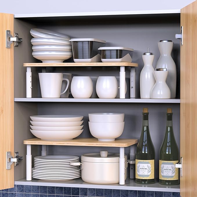 Cabinet Organizer Shelf, Spice Rack Set of 2 Kitchen Pantry Cupboard Shelves, Stackable, Height Adjustable, Natural Bamboo (15.6" W)