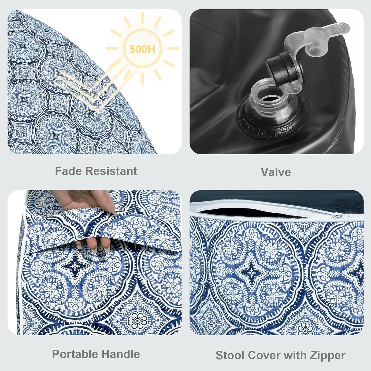 LVTXIII Outdoor Inflatable Ottoman, Fade-Resistant Round Footrest Stool D31”x H14”, Portable Patio Pouf for Garden Camping or Home Use, Medallion Blue