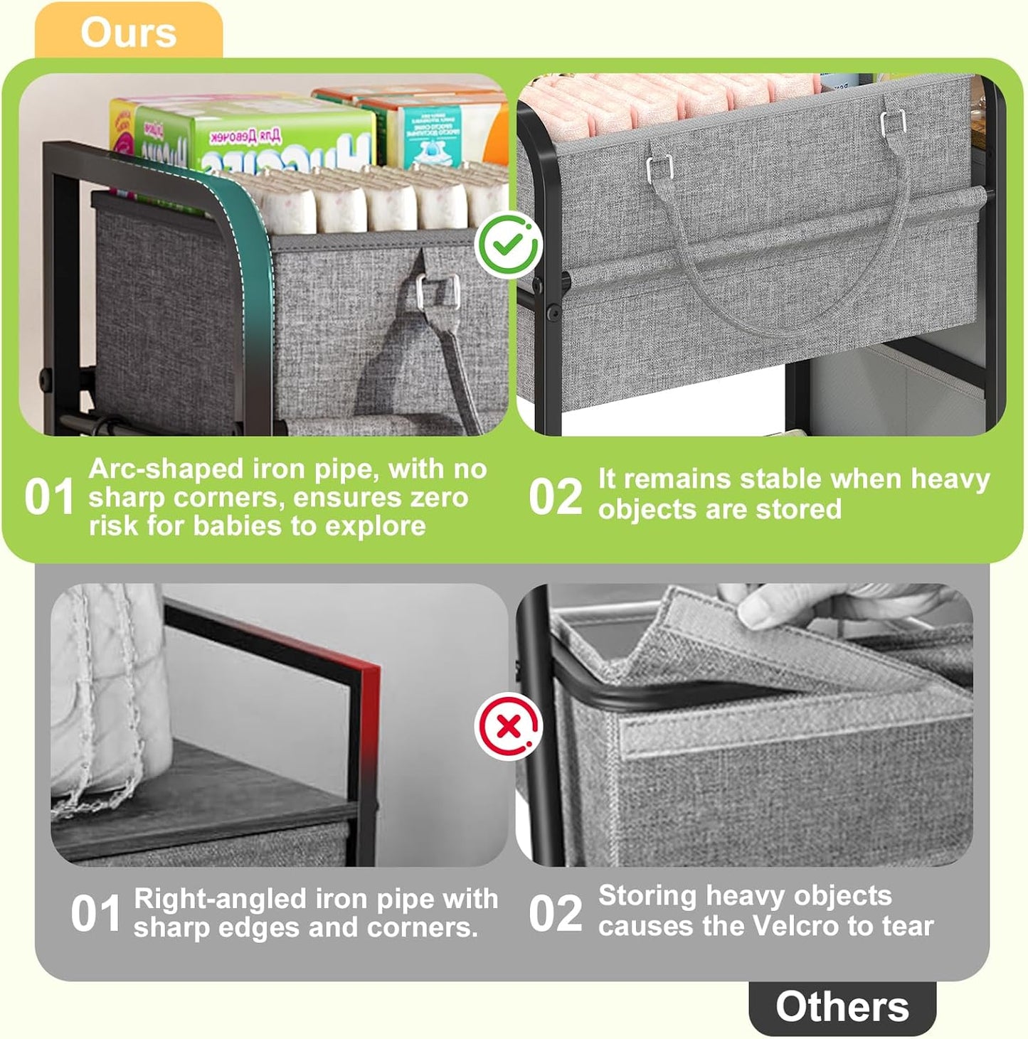 2In1 Baby Diaper Caddy Organizer and Storage, 3 Tier Rolling Cart with Dividers and Drawers, Mobile Utility Cart Baby Dresser Clothes Organizer for Changing Table, Crib Nursery, Bedroom, Grey