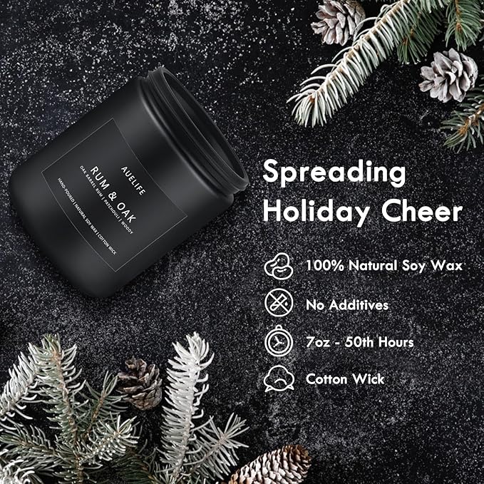 Rum & Oak Candle | Candles for Men, Gifts for Men - Masculine Scent - Soy Candles for Home Scented - Scented Candle for Home, Aromatherapy Candle for Bedroom - 7oz Black Jar