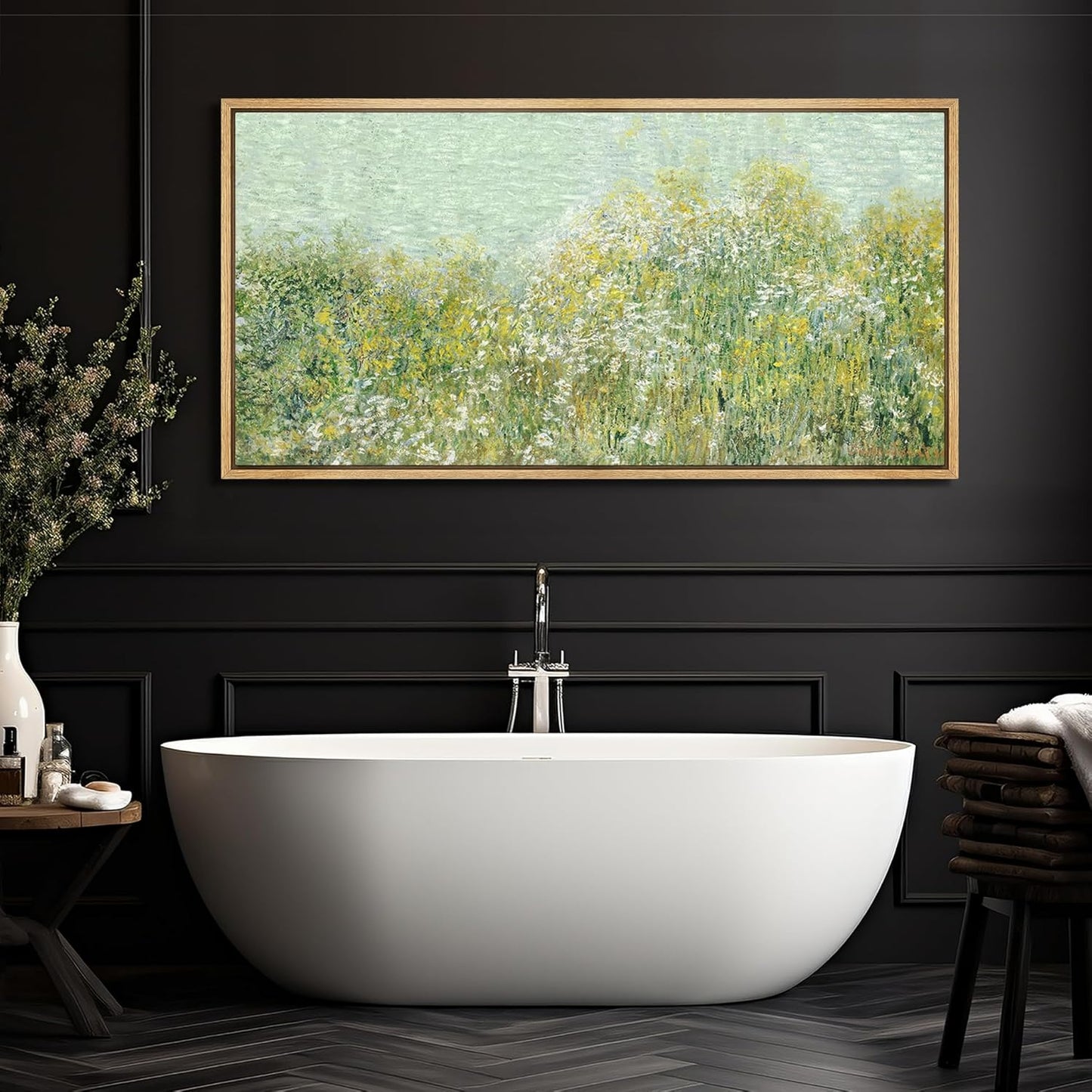 MUDECOR Extra Large Framed Canvas Print Wall Art Lush Summer Garden with Blooming Trees Antique Retro Fine Art Illustrations Decorative Colorful for Bedroom - 60"x30"