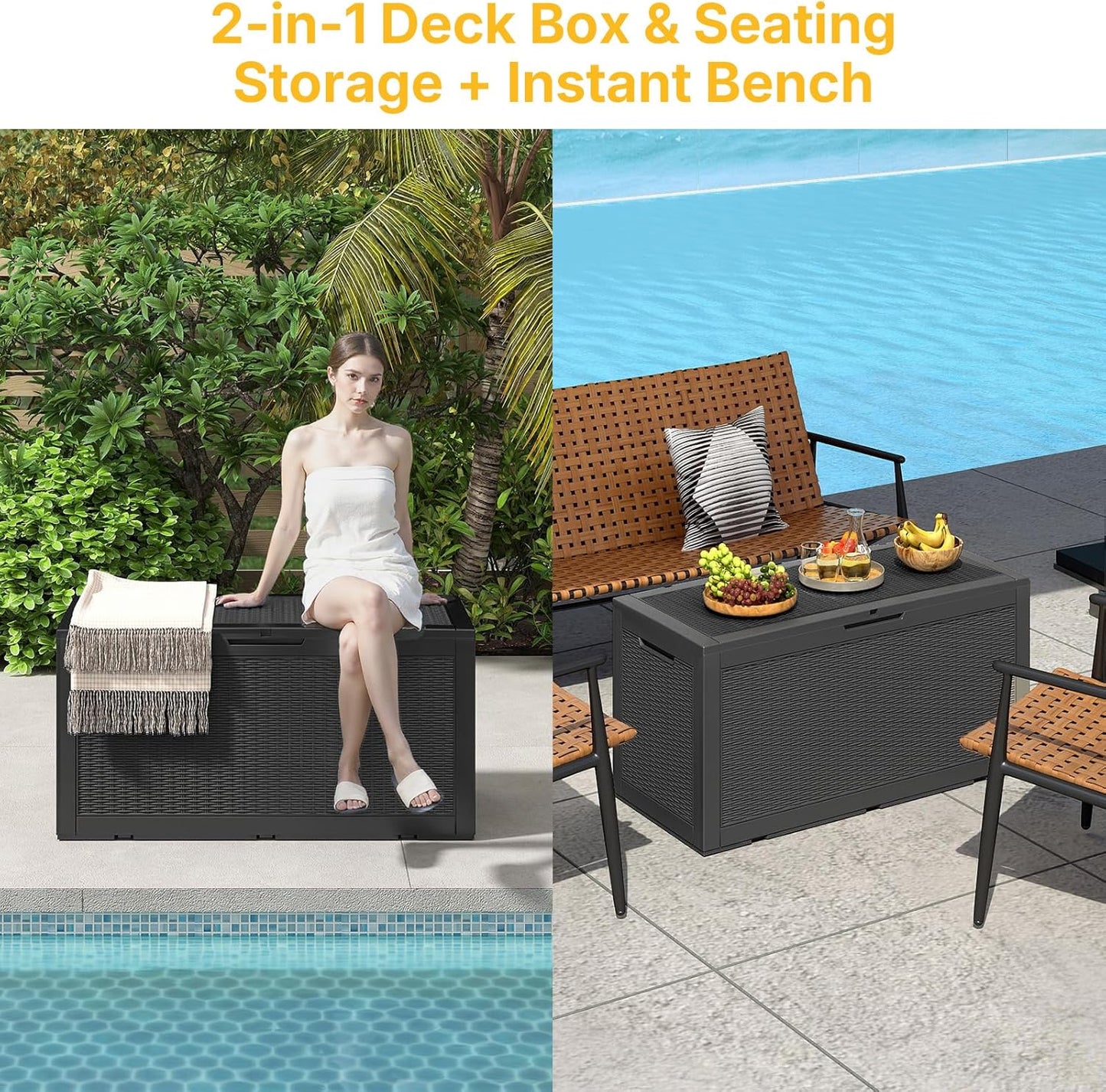 100 Gallon Deck Box Outdoor Waterproof, Rattan Outdoor Storage Box, Patio Storage Boxes for Cushions, Pillow, Garden Tools, Equipment