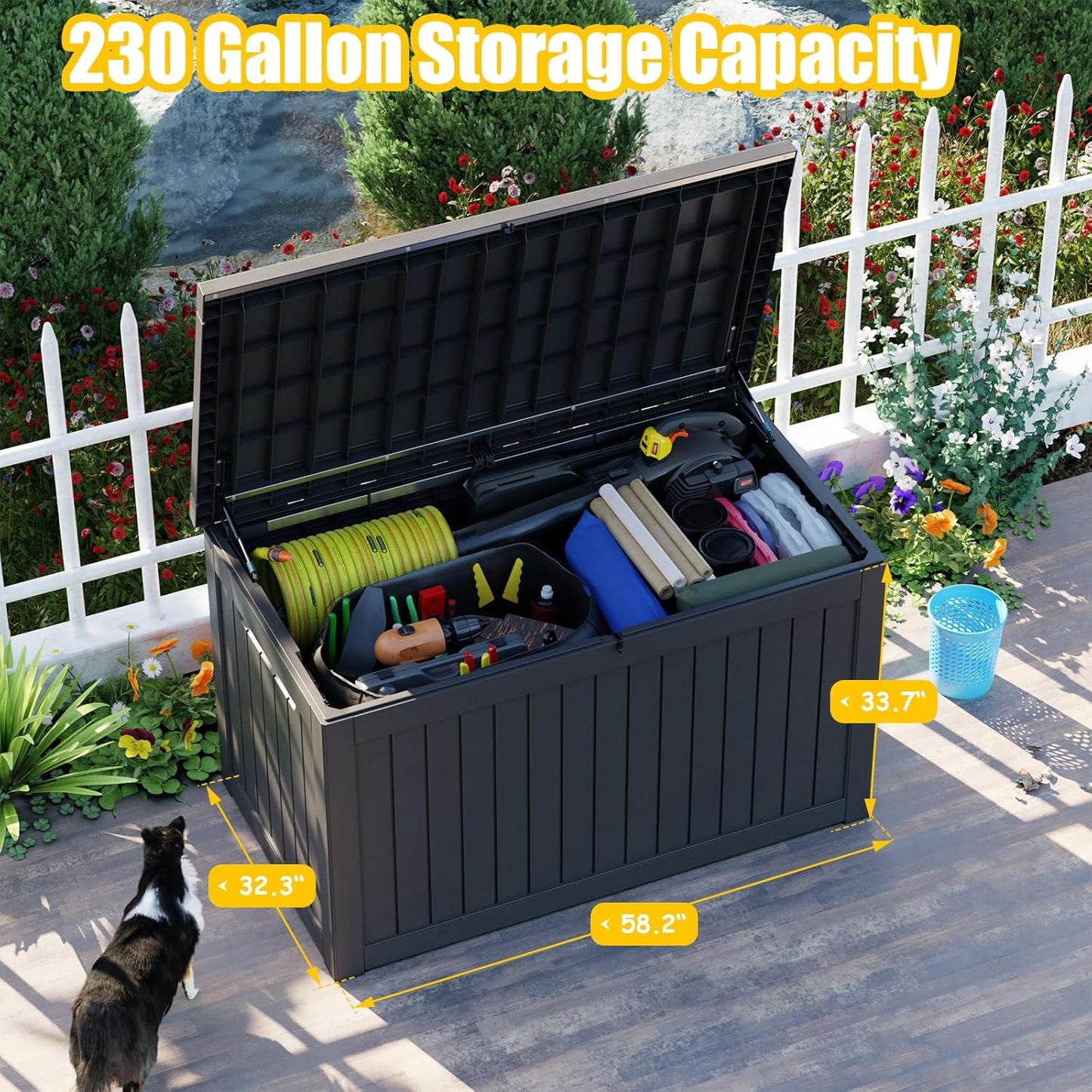 Vixzen 230 Gallon Resin Deck Box, Lockable Outdoor Storage Box for Patio Cushions Storage Furniture,Garden Tools, Pool Supplies, Weatherproof and UV Resistant- Black