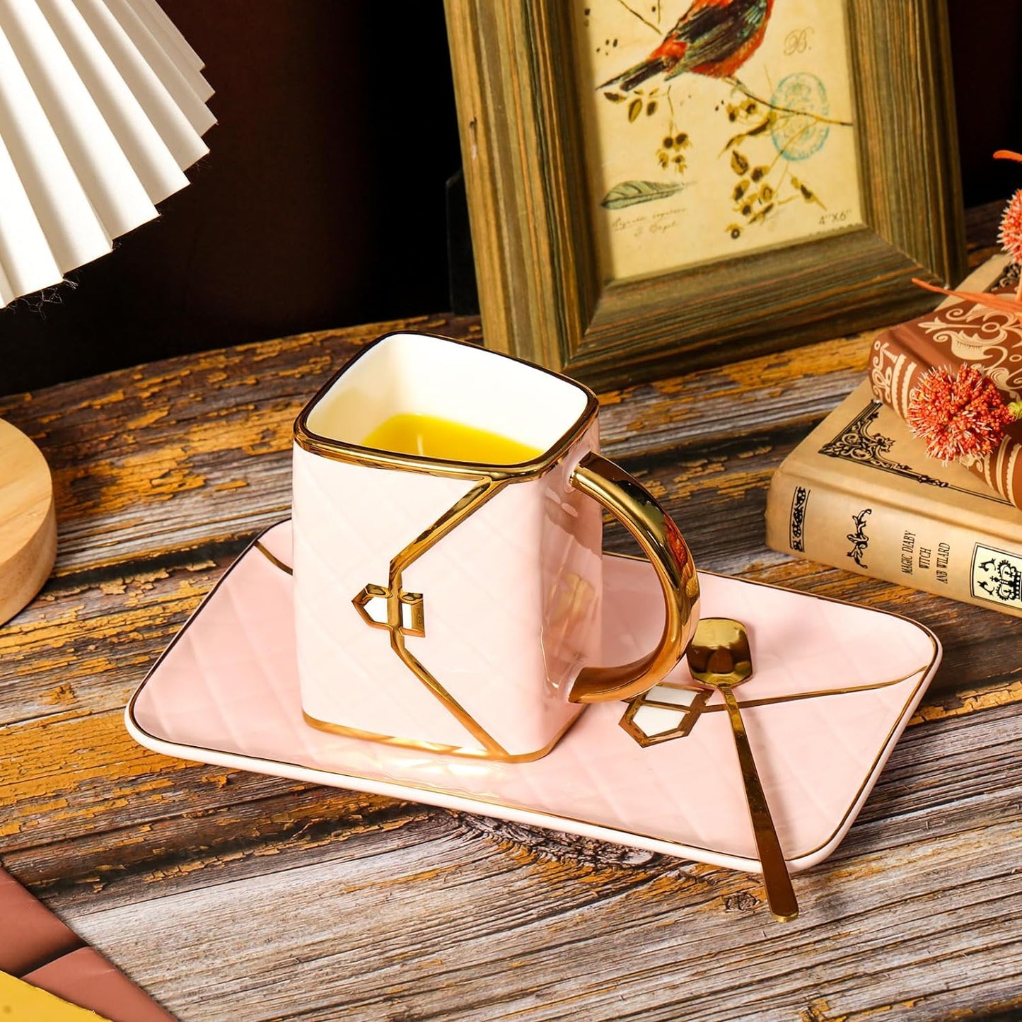 Zubebe 2 Sets Coffee Mug Elegant Handbag Shaped Cup Modern Ceramic Purse Mug with Spoon and Saucer, 10oz Cute Creative Tea Cup for Office Home Woman Girls Gift (Pink)