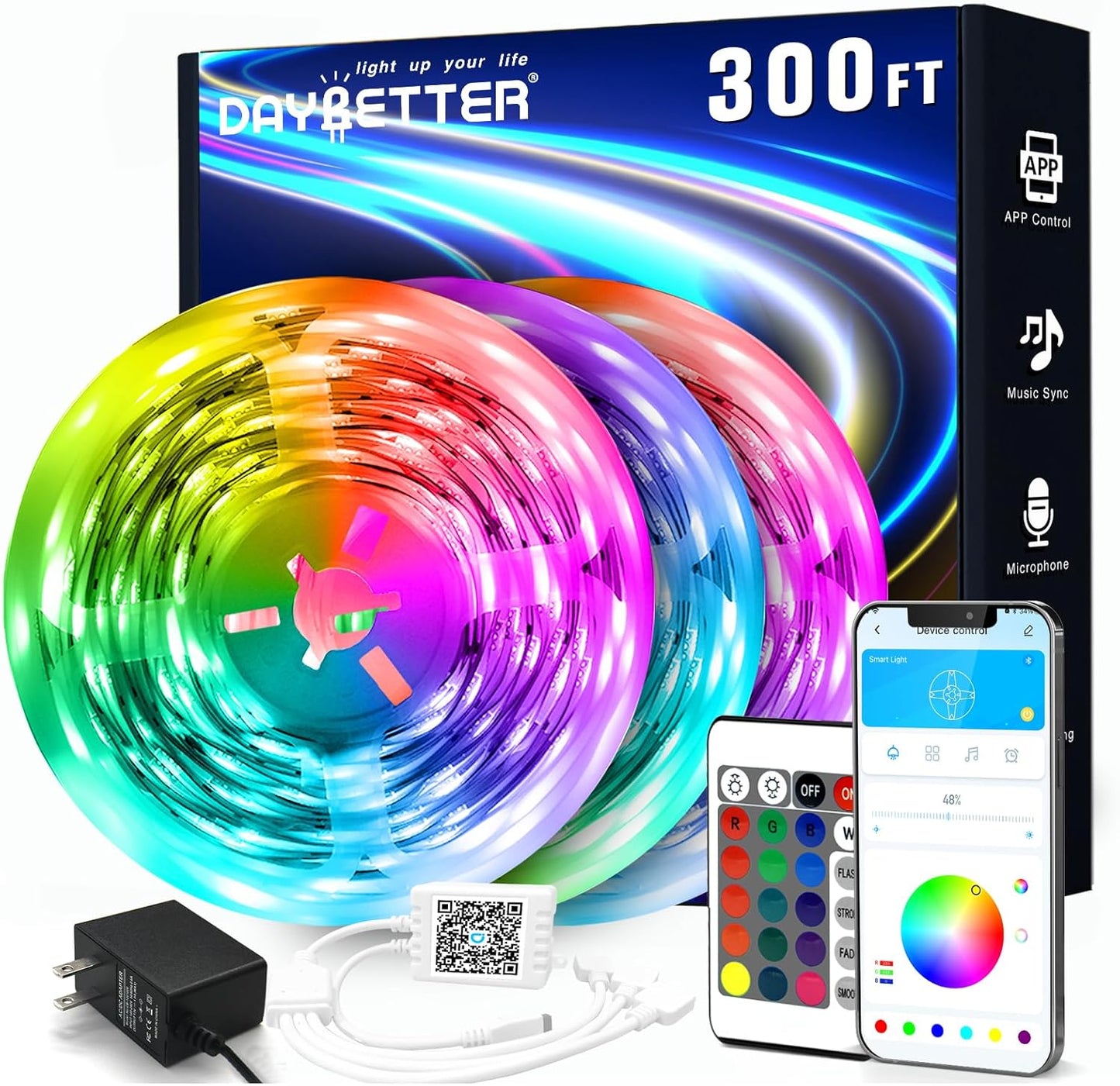 DAYBETTER Led Strip Lights 300 ft (3 Rolls of 100 ft) Color Changing Lights Strip for Bedroom, Desk, Indoor Room Bedroom Valentine Decor, with Remote and 24V Power Supply