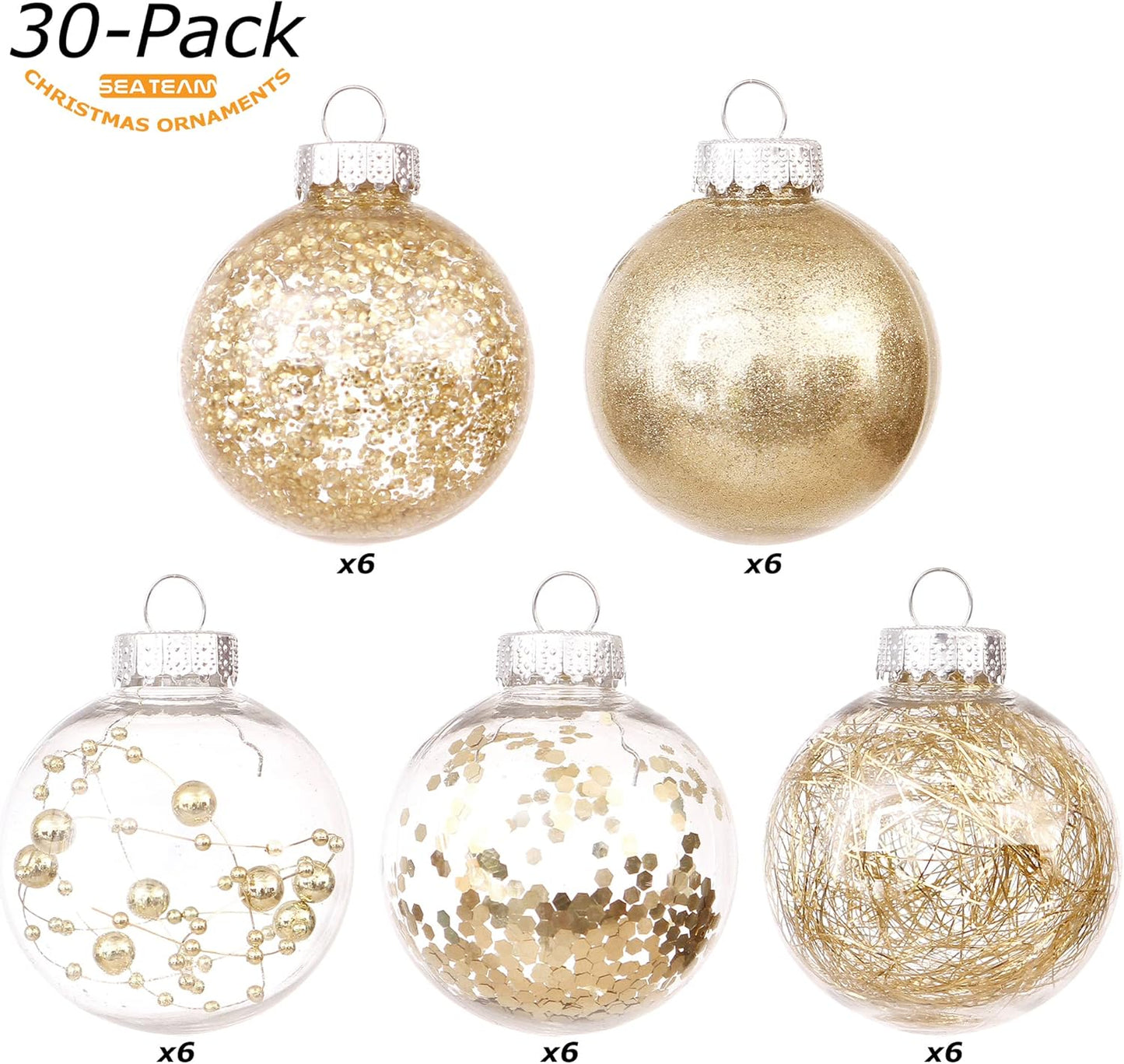 Sea Team Shatterproof Clear Plastic Christmas Ball Ornaments Decorative Xmas Balls Baubles Set with Stuffed Delicate Decorations (60mm/2.36"/30-Pack, Gold)