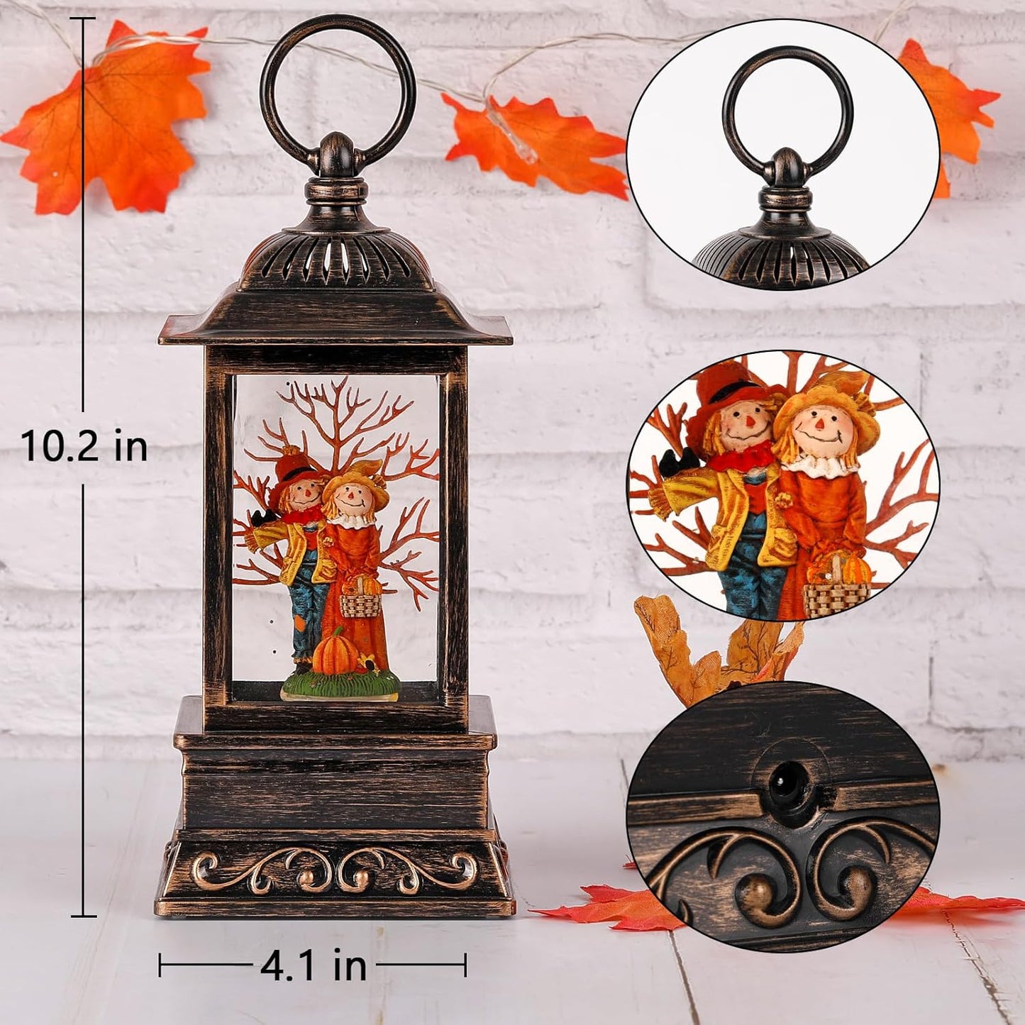 Fall Snow Globes, Scarecrow Couple with Pumpkin Scene Snow Globes, Glittering Lantern with Timer, Snow Globe Lantern USB or Battery Powered for Fall Festival Thanksgiving Day Decor