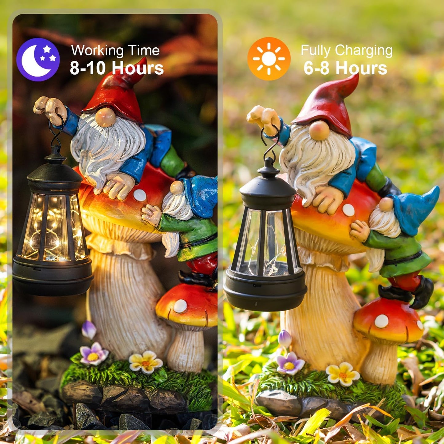TIJNN Solar Garden Statue Gnomes Figurine Lights,Funny Gnomes Standing on Mushrooms with Lanterns, with Lanterns Outdoor Yard Decorations for Patio Porch Home, Garden Gifts for Women Mom