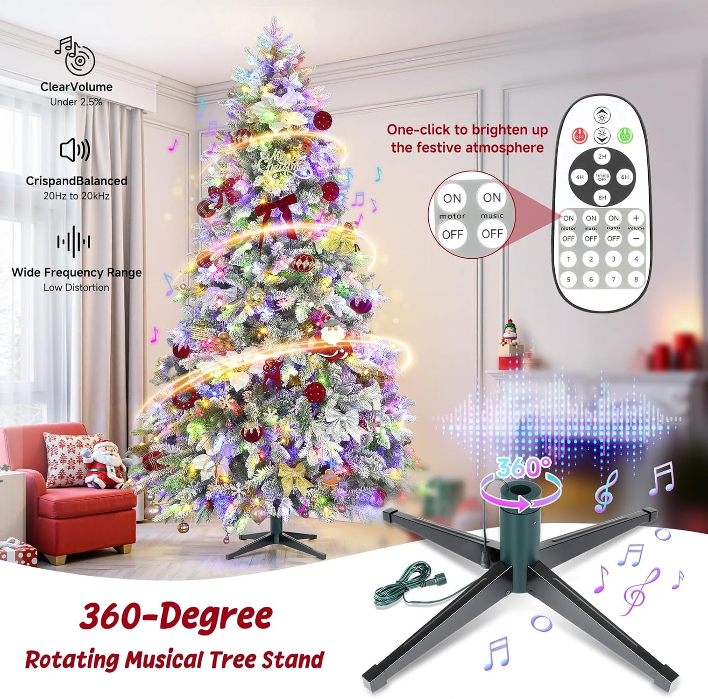 9ft 360° Rotating Pre-Lit Snow Flocked Christmas Tree, Built-in Music, Remote Control, 8 Light-Modes, White Christmas Tree for Home Decor