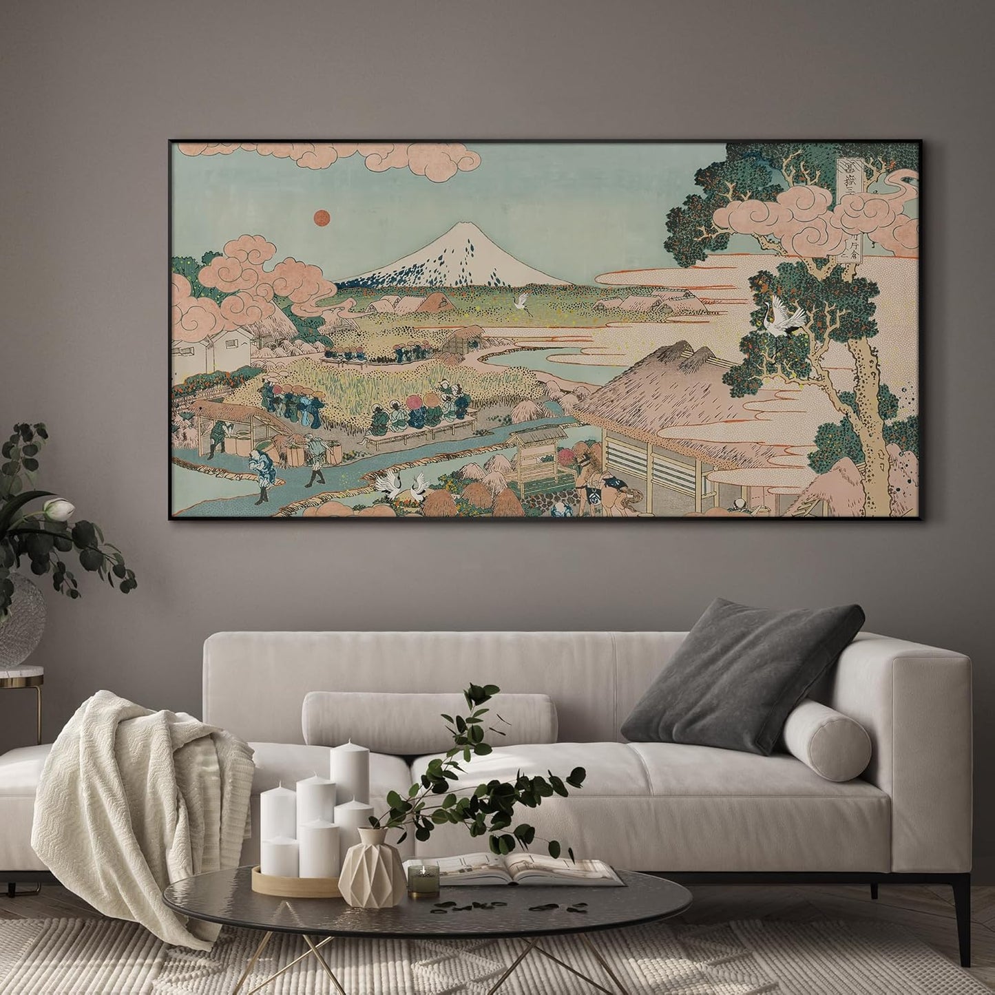 SIGNWIN 24"x46" Extra Large Framed Wall Art Japanese Ukiyo-e Landscape, Timeless Mt. Fuji Scene for Zen-Inspired or Asian-Style Interiors for Home Living Room Bedroom Decor (Frame Assembly Required)