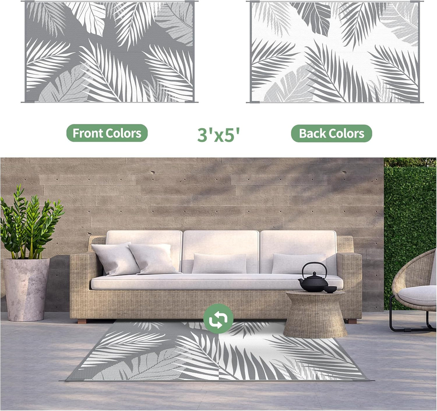 GENIMO Outdoor Rug 3' x 5' Waterproof for Patios Clearance, Reversible Outdoor Plastic Straw Camping Rug Carpet, Large Area Rugs Mats for RV, Camper, Deck, Balcony, Porch, Beach, Picnic, Grey&White