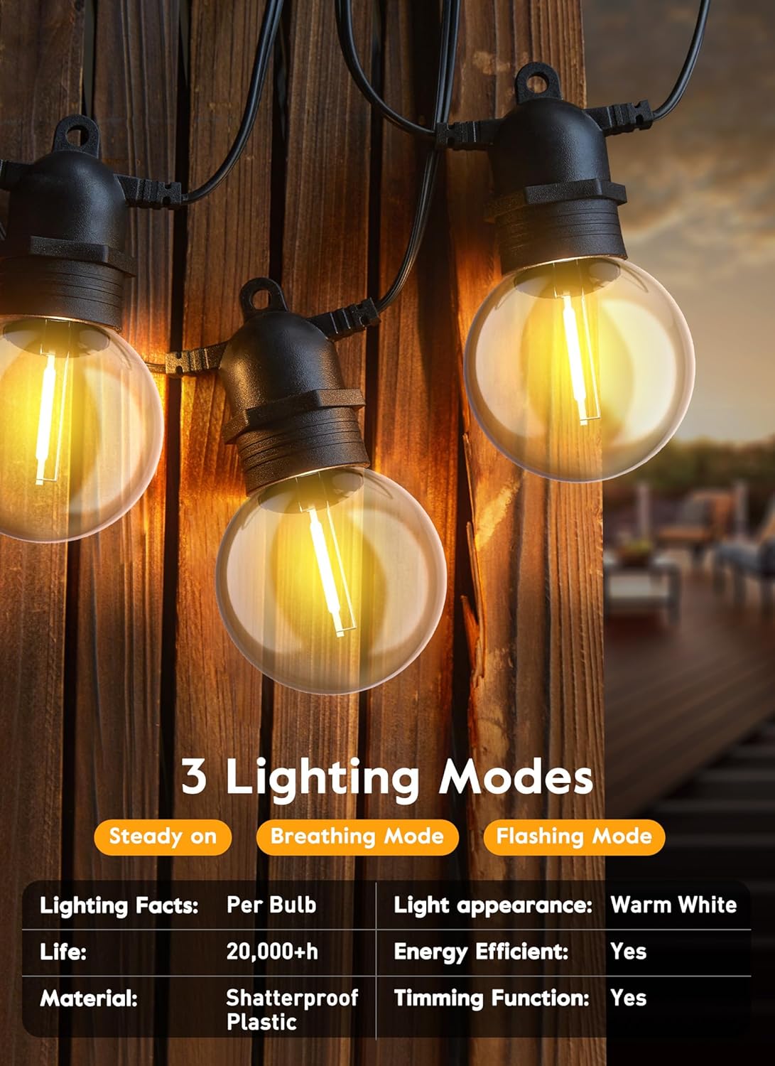 Brightown Outdoor Solar String Lights 34FT - LED G40 Pro Globe Patio Energy Saving with 11 Shatterproof Bulbs, 3 Light Modes Waterproof Hanging Lights for Christmas Outside Garden Backyard Party Decor