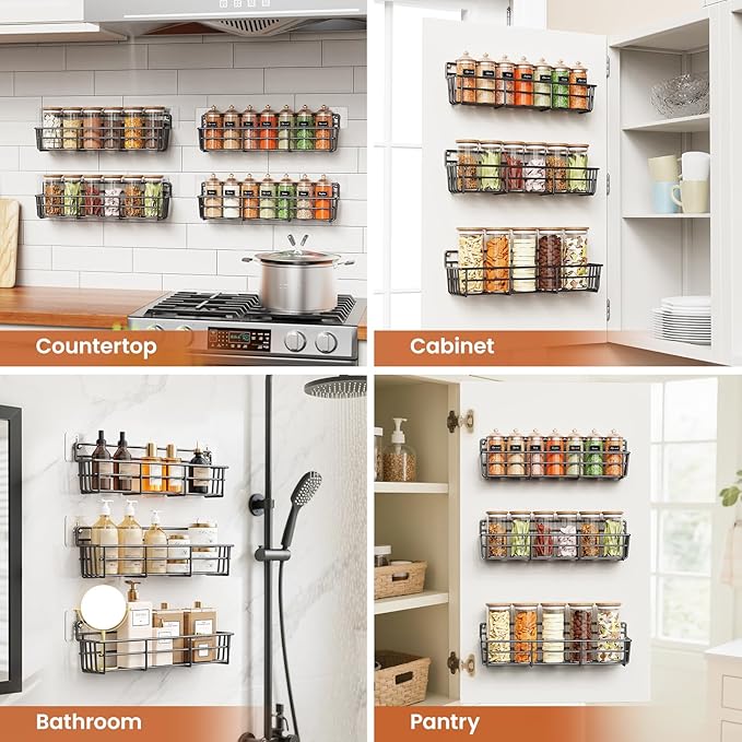 Spice Rack Organizer Wall Mount, Hanging Spice Pantry Storage Shelf Organization, 4 Pack Space Saving Seasoning Organizer for Kitchen Cabinet, Door or Bathroom, Black