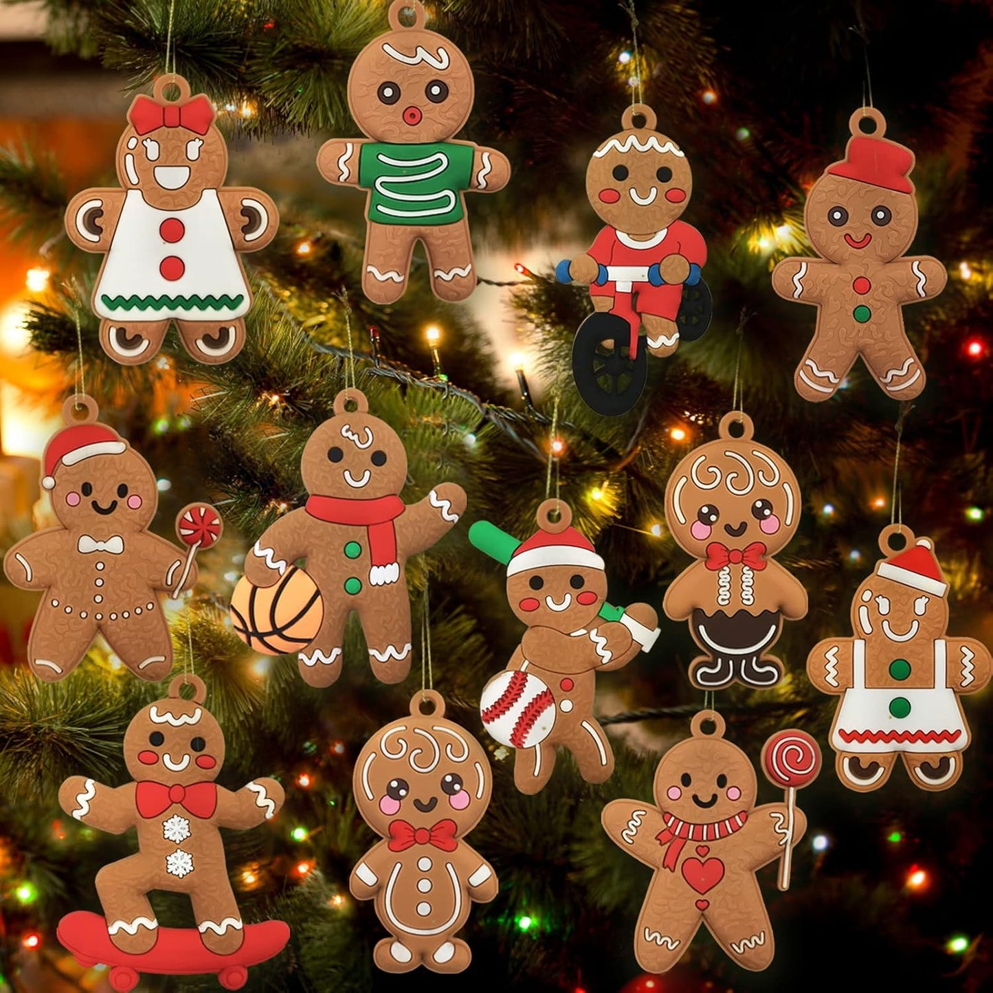 12pcs Christmas Gingerbread Man Ornaments for Christmas Tree Decorations Assorted Plastic Gingerbread Figurines Xmas Holiday Decorations 3 Inch Tall