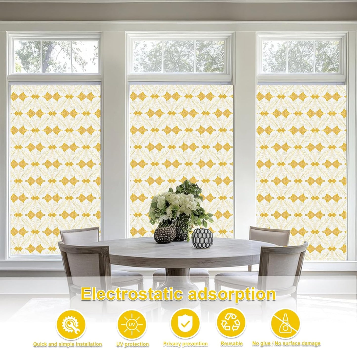 Window Privacy Film Stained Glass Decorative Static Clings Frosted Window Tint for Home Room Decor Bathroom Door Car Stickers with Glittering Effect, Removable(Golden Geometry)