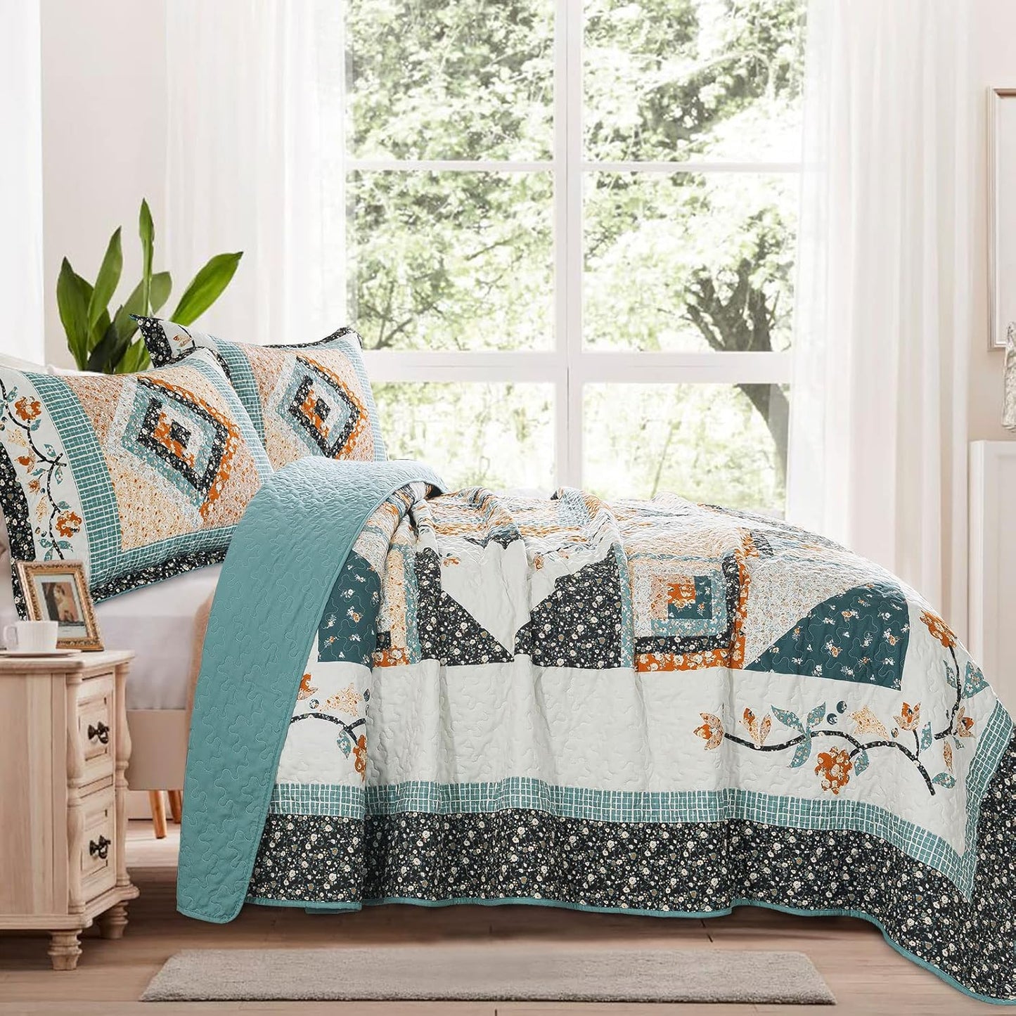 VAPUTAR Quilt King Size Bedding Set - 3 Pieces King Quilt Bedding Set, Boho King Size Quilt, Lightweight Reversible Coverlet Bedspread for Farmhouse Bedroom (Floral)