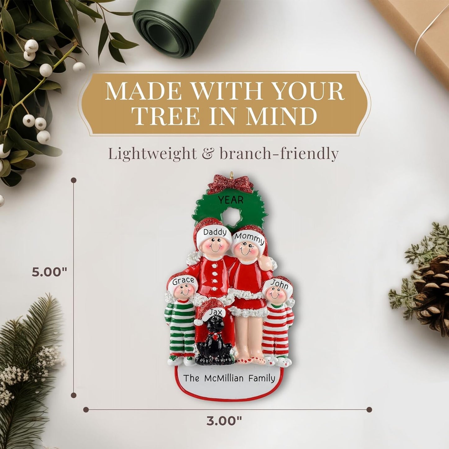 Personalized Family of 4 with Dog Ornament 2025 | Free 24h Customization | Christmas Ornaments for Tree | Custom Gift Wrapped Black Pet Keepsake for Dog-Lovers