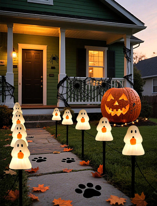 Classic Ghost Halloween Pathway Lights (5-Pack) - Electric Outdoor Decorations with Warm C7 Bulbs, UL Listed Corded Yard Stakes for a Whimsical, Nostalgic Walkway & Lawn Display