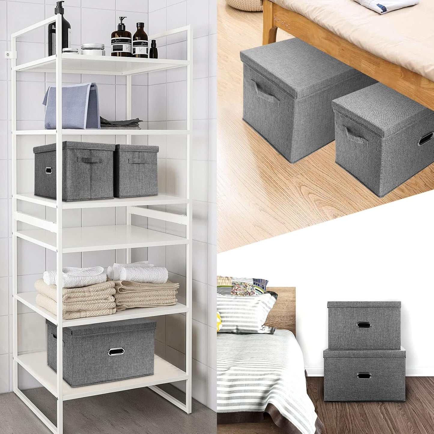 Large Linen Fabric Foldable Storage Bins with Removable Lid and Handles, Washable Storage Box Organizer Containers Baskets Cube with Cover for Bedroom,Closet,Office (Grey, Extra Large(2-Pack))