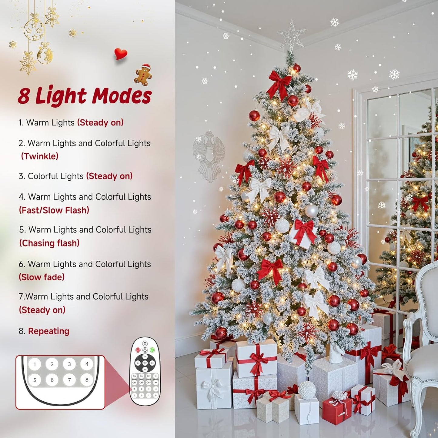 9ft 360° Rotating Pre-Lit Snow Flocked Christmas Tree, Built-in Music, Remote Control, 8 Light-Modes, White Christmas Tree for Home Decor