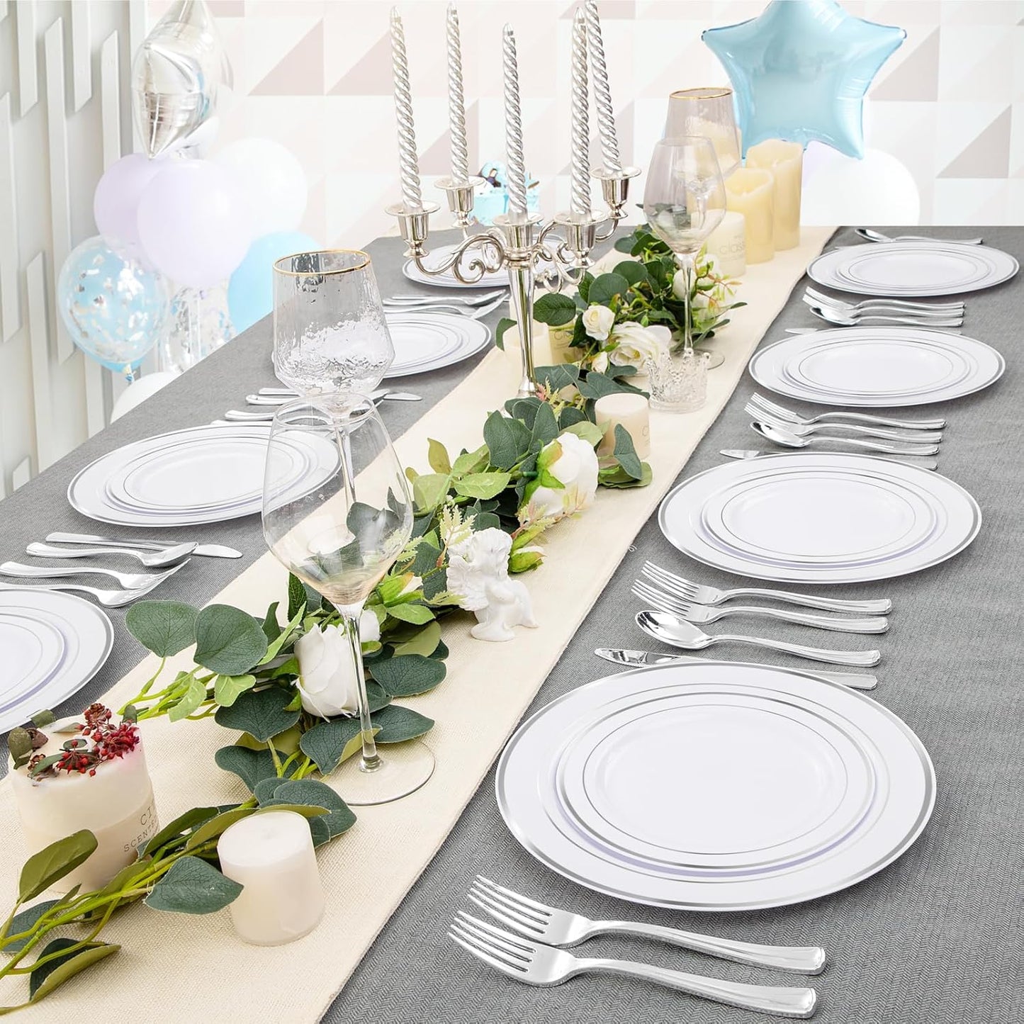 FLOWERCAT 60PCS Silver Plastic Plates - Heavy Duty White and Silver Plastic Plates Disposable - Include 30PCS 10.25inch Dinner Plates and 30PCS 7.5inch Dessert Plates for Wedding&New Year