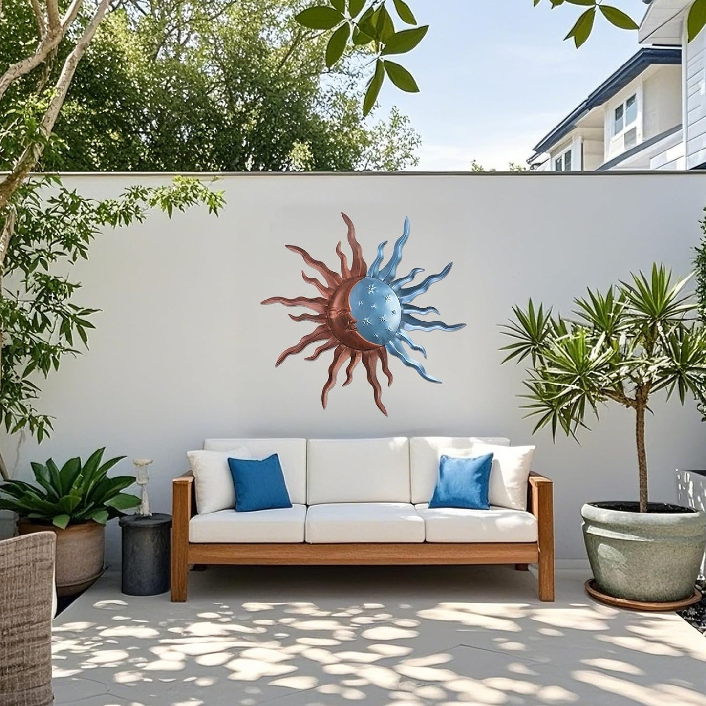 VZVXCC Metal Sun Outdoor Wall Art Decor-30 Inch Larger Size Sun Outdoor Wall Art Decor with Moon & Stars,Retro Decoration Hanging for Indoor Outdoor Garden Fence Living Room Bedroom