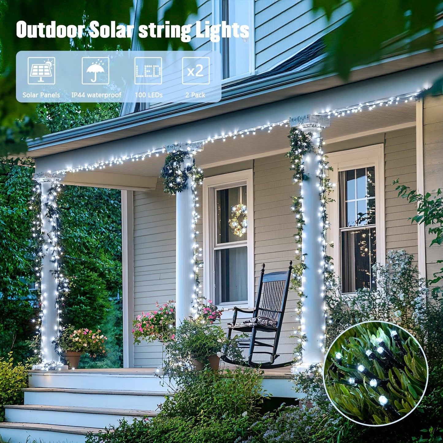 JMEXSUSS 2 Pack White Solar String Lights, Each 100 LED 33ft Green Wire Solar Lights Outdoor Waterproof for Outside Garden Wedding Party Decoration
