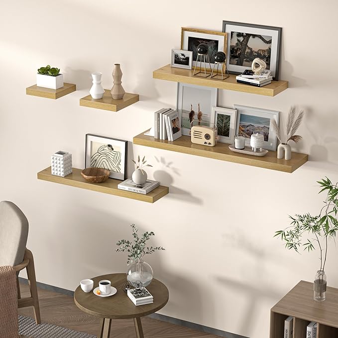 Floating Shelves for Wall, 24" W x 6.7" D x 1.5" H, Wooden Wall Mounted Display Shelves with Invisible Brackets for Living Room, Bedroom, Bathroom, Kitchen Decor and Storage, Set of 2, Oak