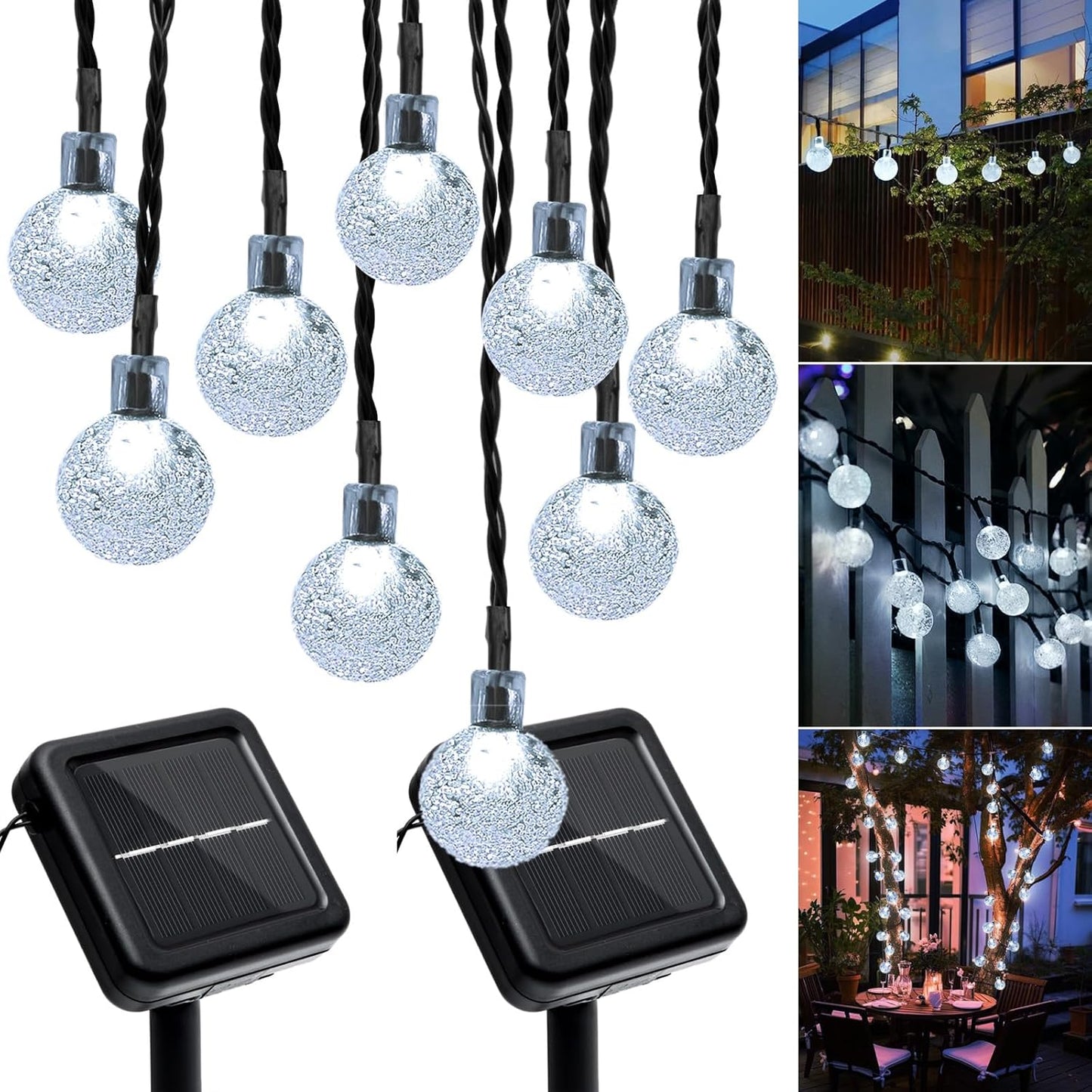 Outdoor Solar String Lights, 2x46FT 66LED 8Modes Crystal Solar Powered Christmas Fairy String Lights Waterproof for Outside Yard Fence Easter Holiday Party Garden Decor 2Pack(Pure White)