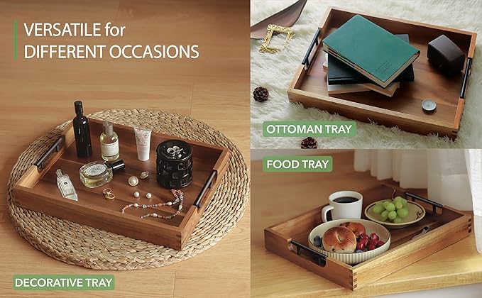 Joy&Grace Ottoman Tray for Living Room 16.7 x 12.8 inch Large Acacia Wooden Serving Tray with Handles for Coffee Table, Breakfast in Bed, Food Dinner, Decorative Rectangular Tray (Color Natural)