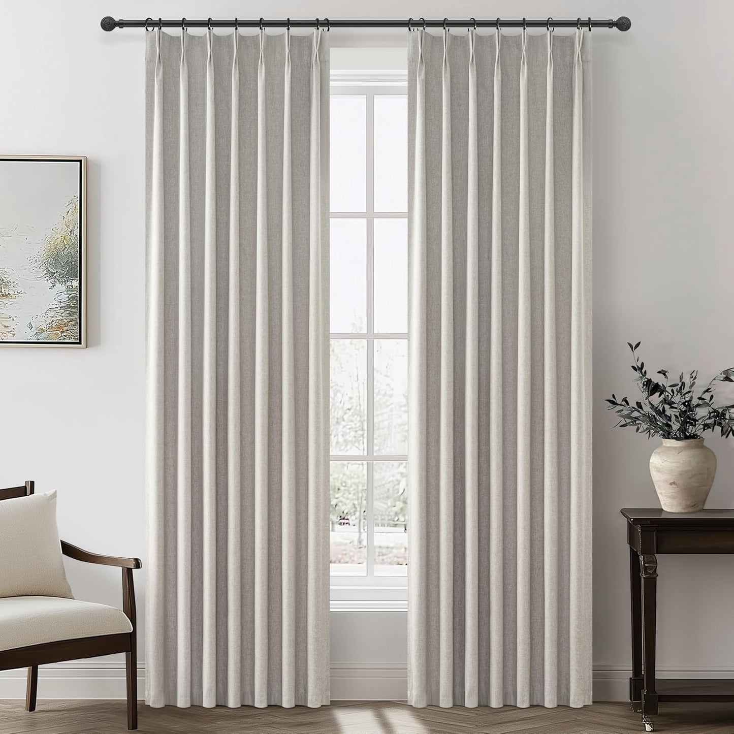 Natural Melange Pleat Room Darkening Curtains 84 Inch Length 2 Panels Set for Living Room, Linen Look Memory Trained Pinch Pleated Bedroom Drapes Thermal 84 Inch Blackout Curtain 40"Wx84"Lx2Panels
