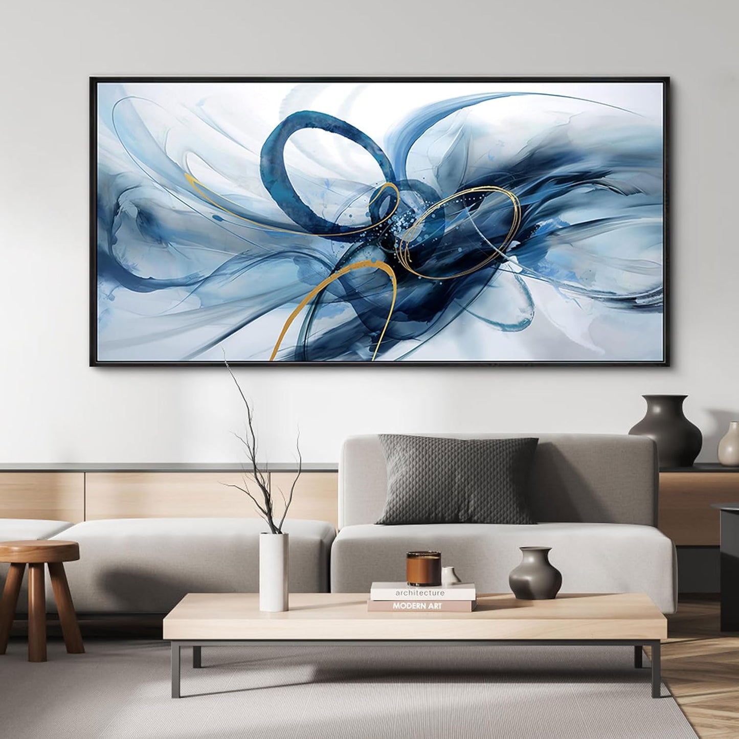 XLSJERST Frame Wall Art - Blue and White Picture for Living Room Modern Abstract Canvas Wall Decor Artwork for Office Bedroom Home Decoration