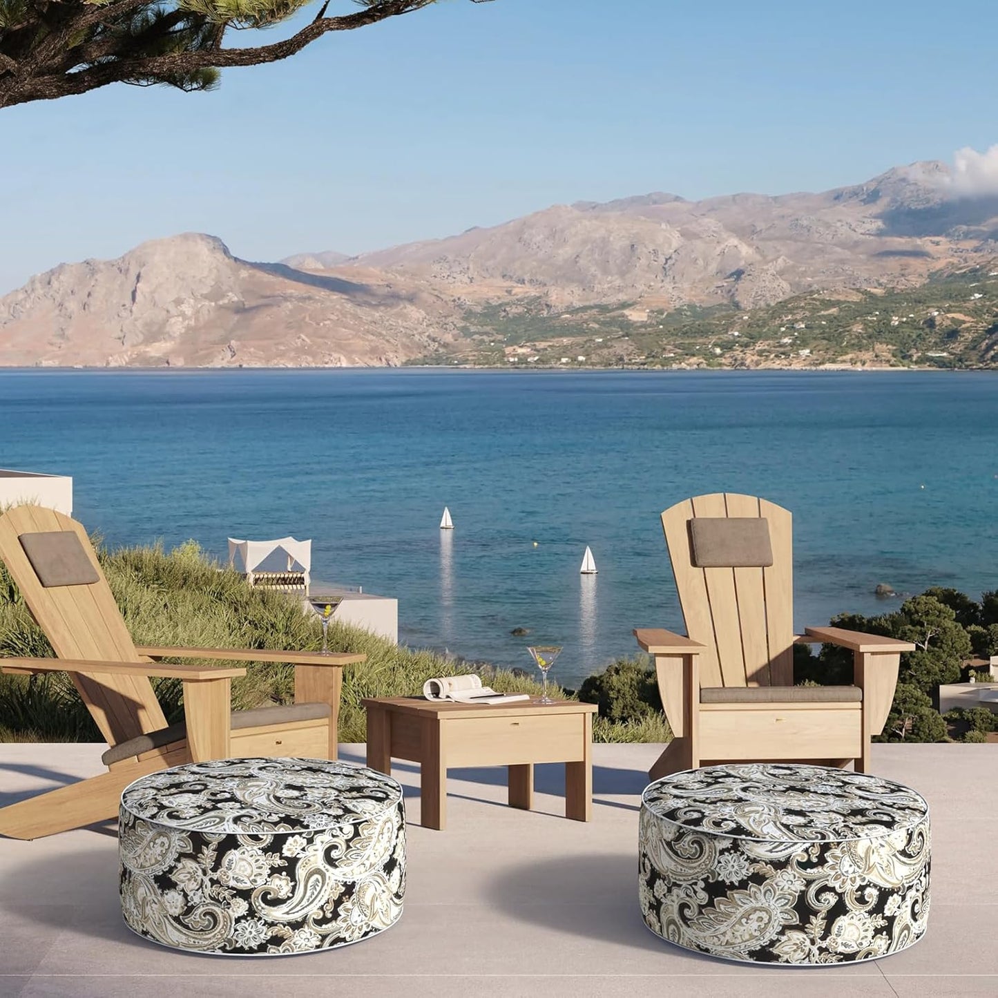 Inflatable Ottoman Stool D21 xH9 for Outdoor/Indoor Use, Water Repellent Patio Foot Rest Stool with Portable Handle,Round Pouf Ottoman Suitable for Garden,Deck and Camping - Paisley Black