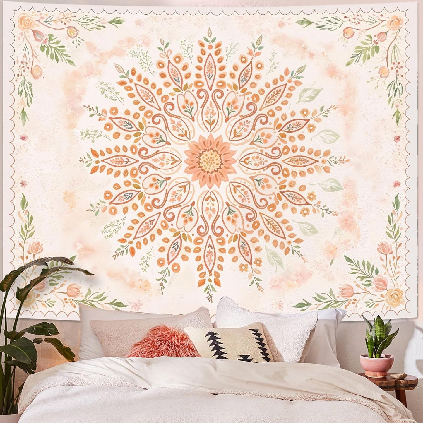 Lunerfex Floral Mandala Tapestry Boho Tapestry for Bedroom Peach Tapestries Wall Hanging Living Room Wall Art and Home Decor 44x60