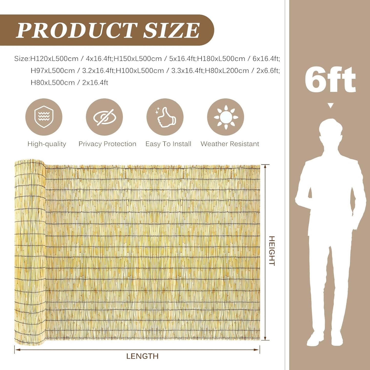 Natural Reed Fencing Rolls: Privacy Bamboo Fence 3/4/5/6ft High Roll Reed Screen, Decorative Bamboo Fencing for Outdoor Balcony Patio Garden Backyard,with Cable Zip Ties(Nature, 6x16.4ft)