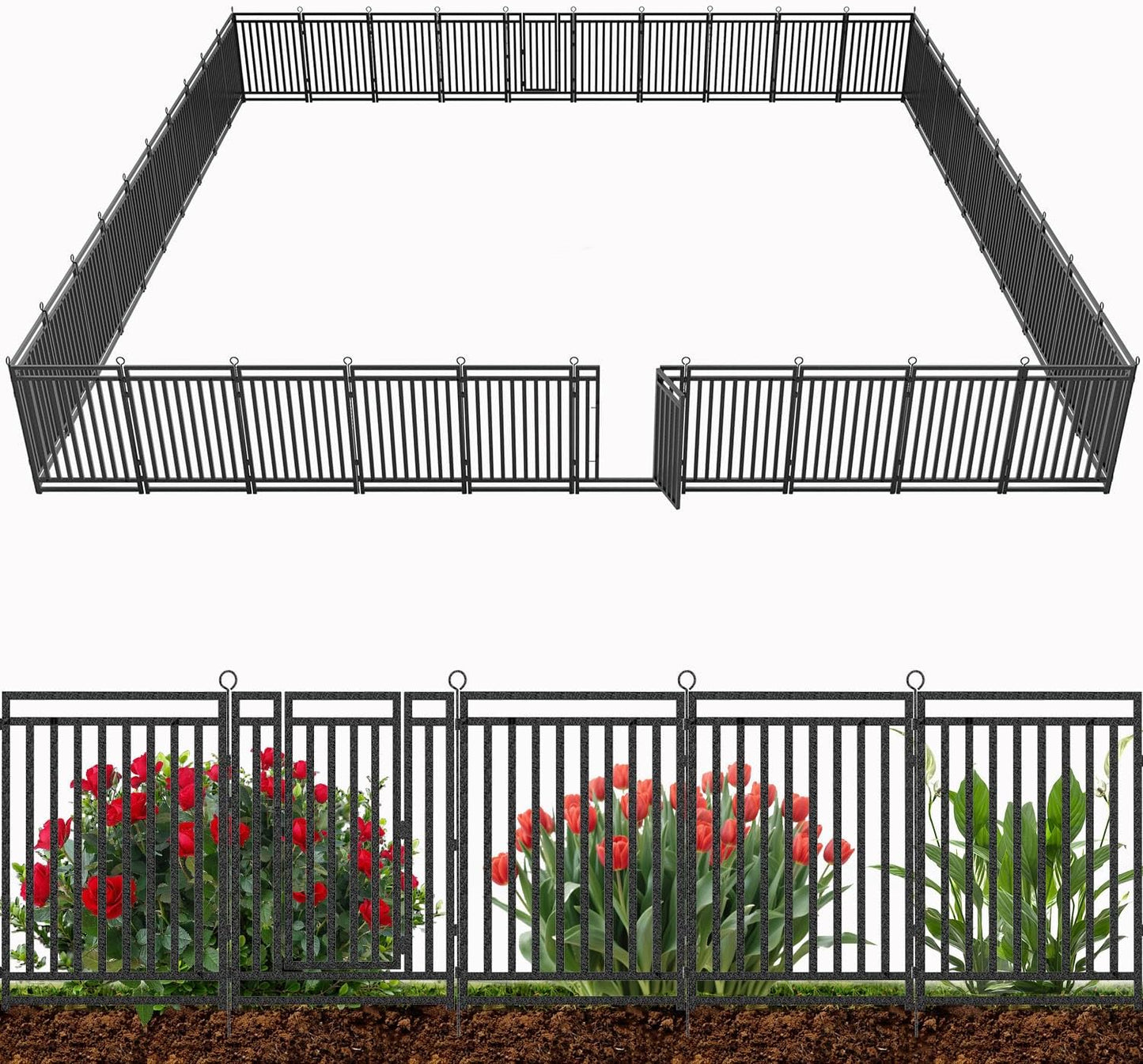 Decorative Garden Fence Metal Dog Fence Outdoor for Yard, 92ft (L) × 40in (H), 35 Panels + 5 Gates, Rustproof Animal Barrier Fencing for Patio & Flower Bed, No Dig, Black-Silver