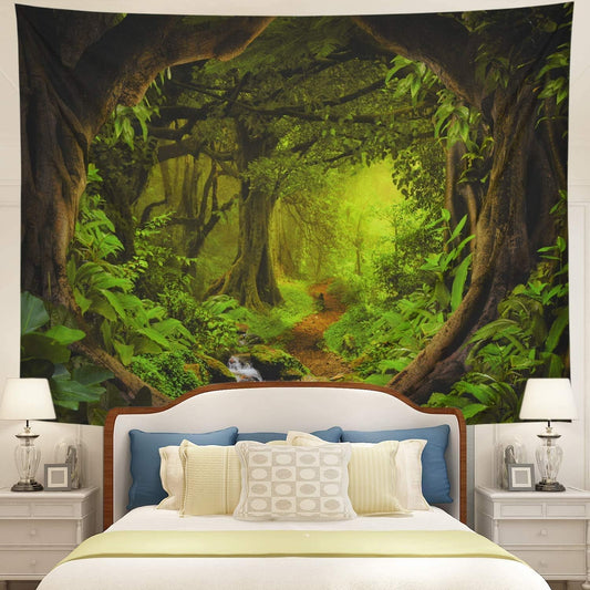 Tushelia Forest Nature Tapestry - Tree Cave Wall Hanging, Misty Forest Stream Through Rainforest Landscape, Jungle Creek Psychedelic for Living Room