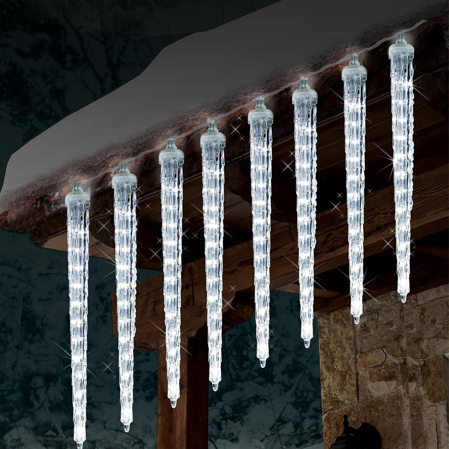 WATERGLIDE Meteor Shower Lights, 12" Outdoor Icicle Christmas Lights 8 Icicles 192 SMD LED Crystal Ice Falling Light, Connectable Raindrop Iciclelight, Xmas Winter Party Tree Holiday Decor, White