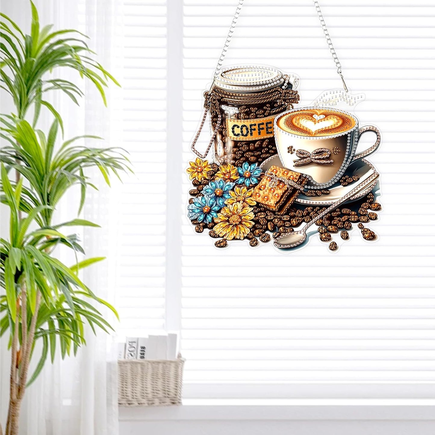 Lxmsja DIY Coffee Beans Diamond Painting Hanging Ornament, Double-Sided Acrylic Flowers Diamond Art Kit, Special Shaped Drill Pendant Window Art Kit, Suncatcher Hanging Craft Decoration 8x8 inch