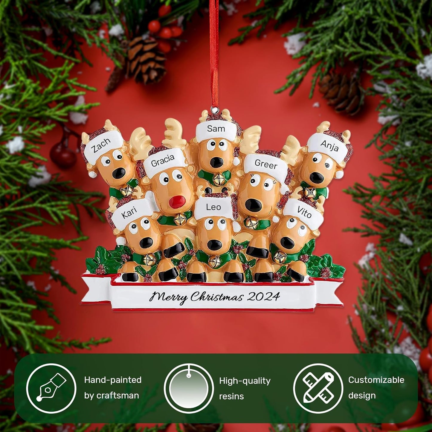 Personalized Christmas Ornaments 2025, Custom Reindeer Family Ornaments for Trees with Names, Handcrafted Christmas Deer Decorations for 2-8 Members, Meaningful Xmas Family of 8