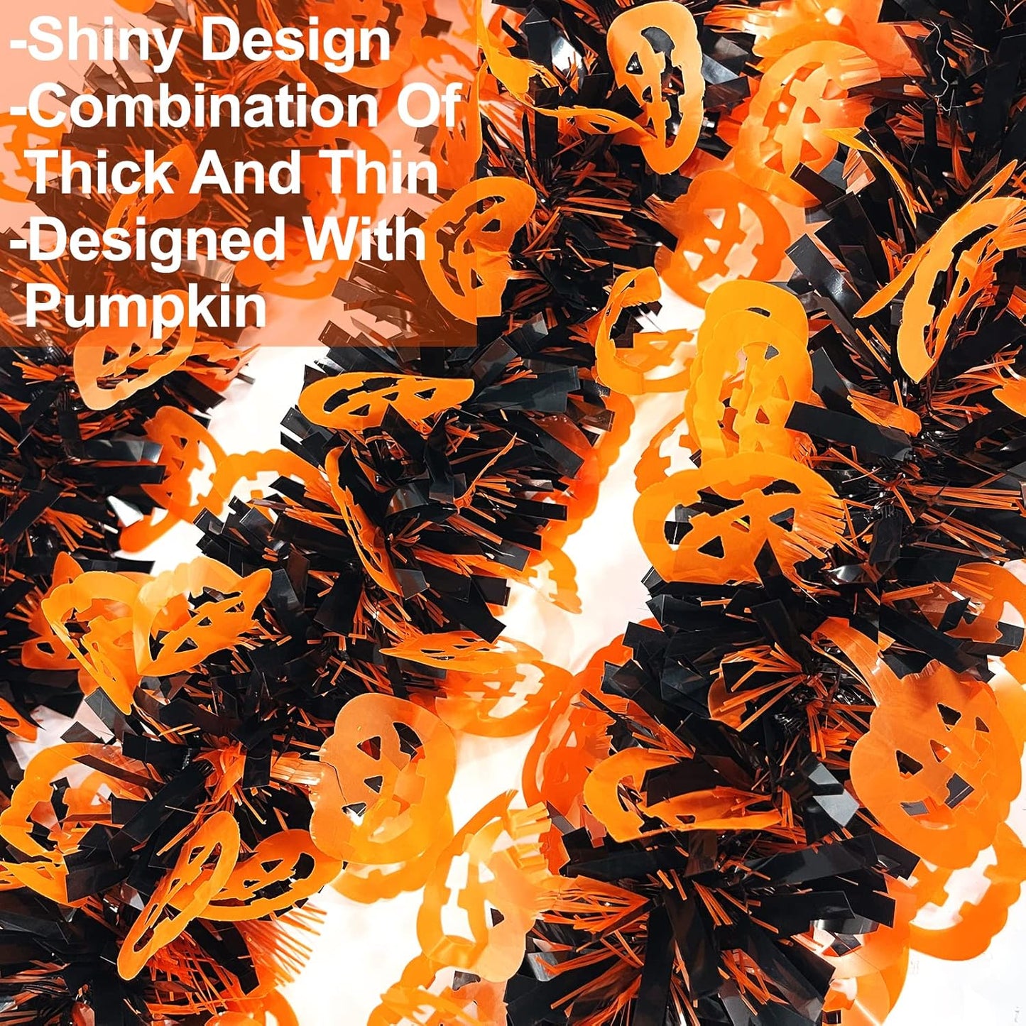 TURNMEON 2 Pack Halloween Garland Total 66 Ft Halloween Tinsel Garland with Black Orange Pumpkin Metallic Twist Black Tinsel Garlands Outdoor Halloweens Decorations Indoor for Home Mantle Door Tree