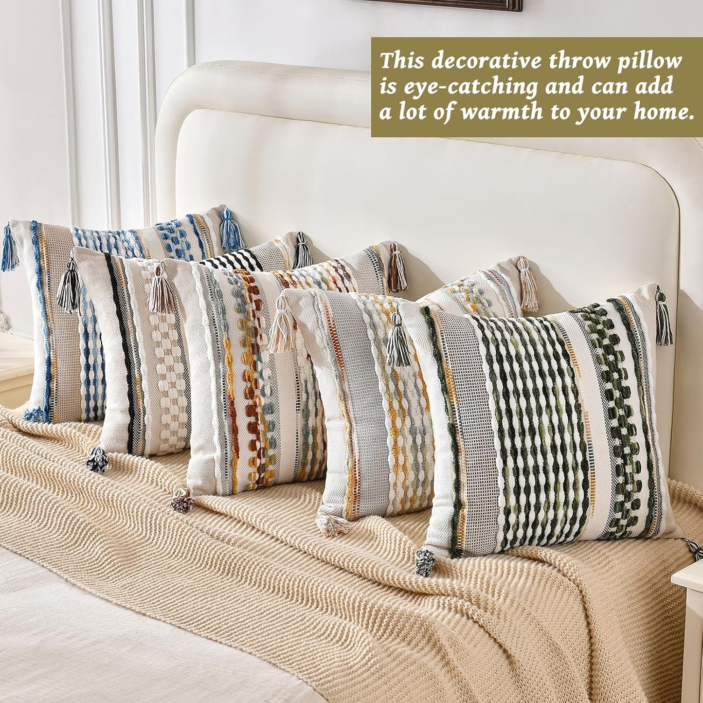 AmHoo Set of 2 Chenille Striped Textured Boho Throw Pillow Covers Aesthetic with Tassels Woven Decorative Pillow Case for Couch Bed Sofa Bedroom Modern Funky 18 x 18-Inch Sage Green